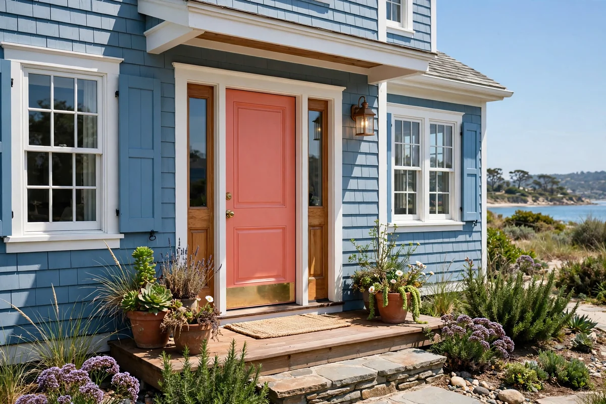 Blue coastal house with a cheerful coral front door and sunny entrance