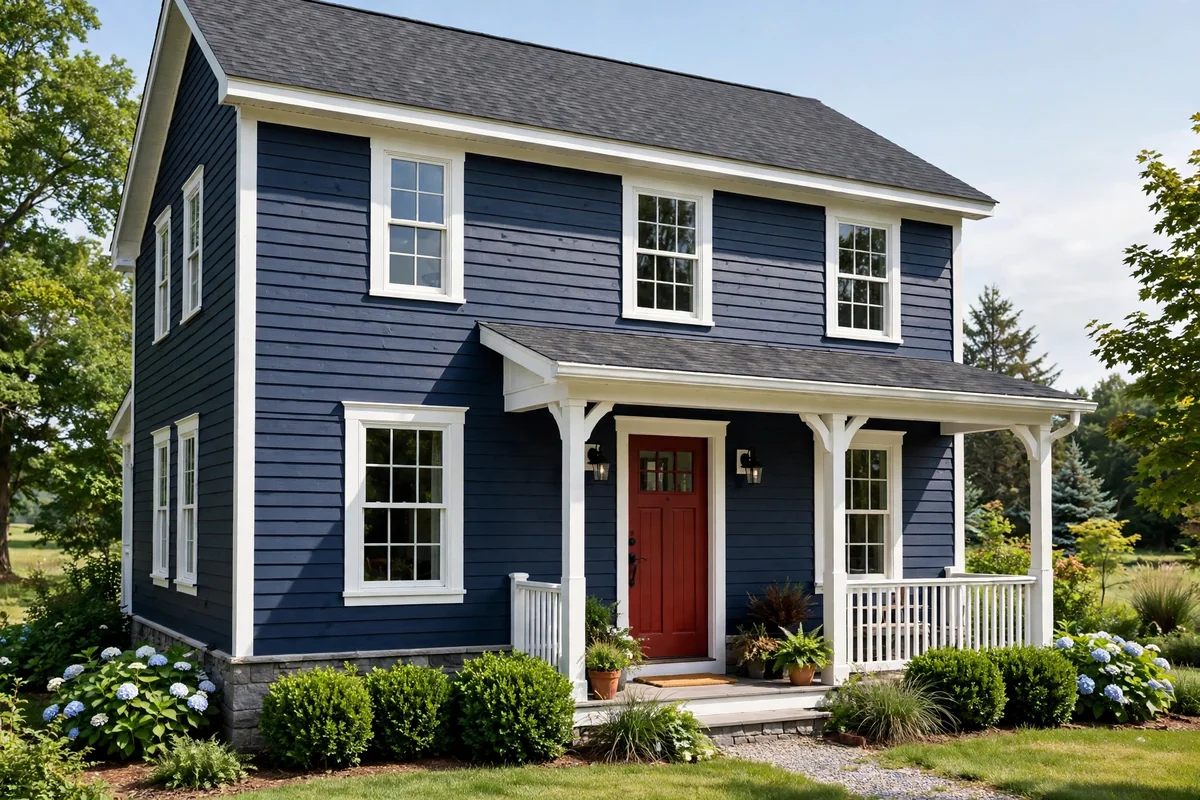 Navy blue farmhouse with a classic barn red front door and white trim