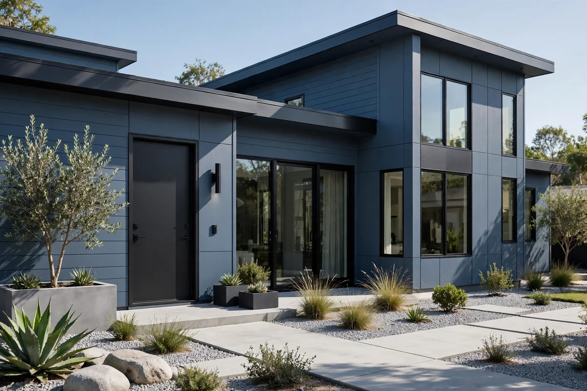 Blue modern house with a sophisticated charcoal black front door and minimalist landscaping