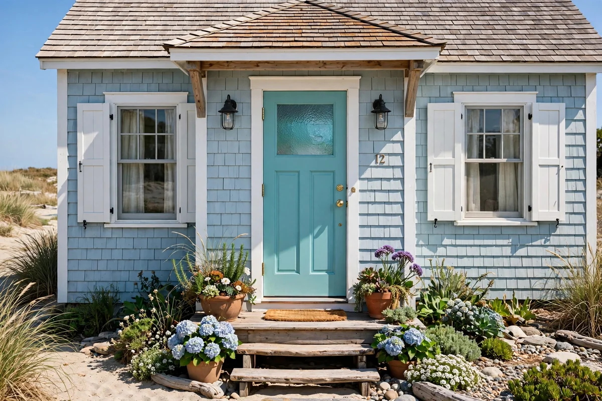 Light blue beach cottage with a sea glass turquoise front door and relaxed coastal entrance