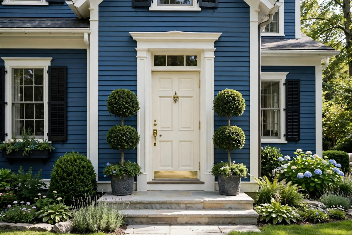 Blue house with a creamy off-white front door and timeless elegant entrance with topiary