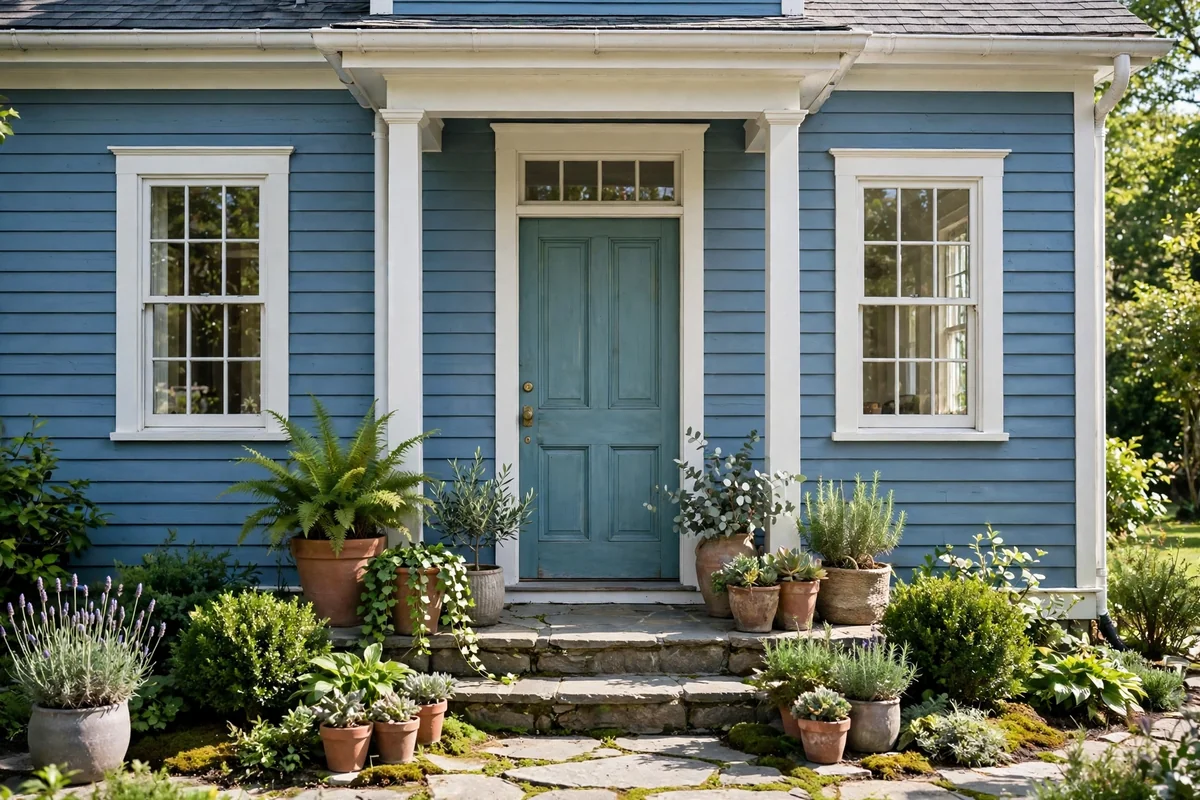 Blue house with a dusty teal front door and calm welcoming entrance with potted greenery