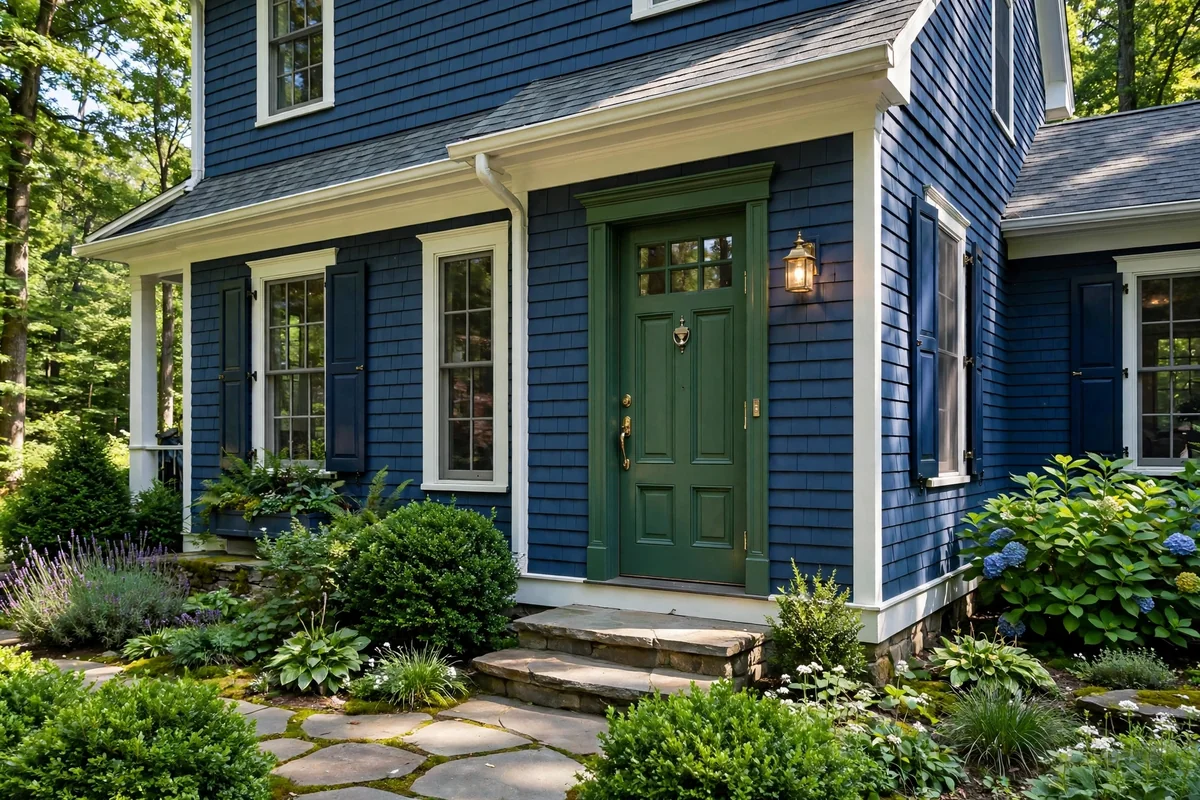 Deep blue house with a forest green heritage front door, brass hardware and traditional entrance