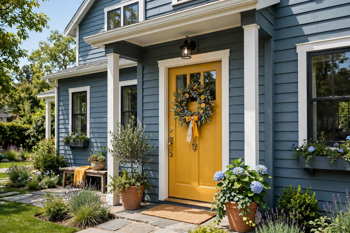Blue grey house with a mustard gold front door and bold cheerful entrance