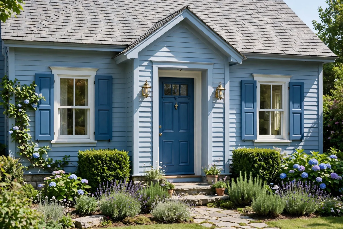 Powder blue cottage with a deeper blue tonal front door and elegant entrance