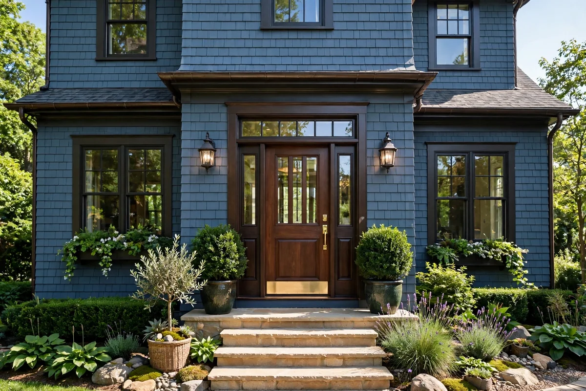 Blue house with a rich espresso brown front door and warm sophisticated entrance