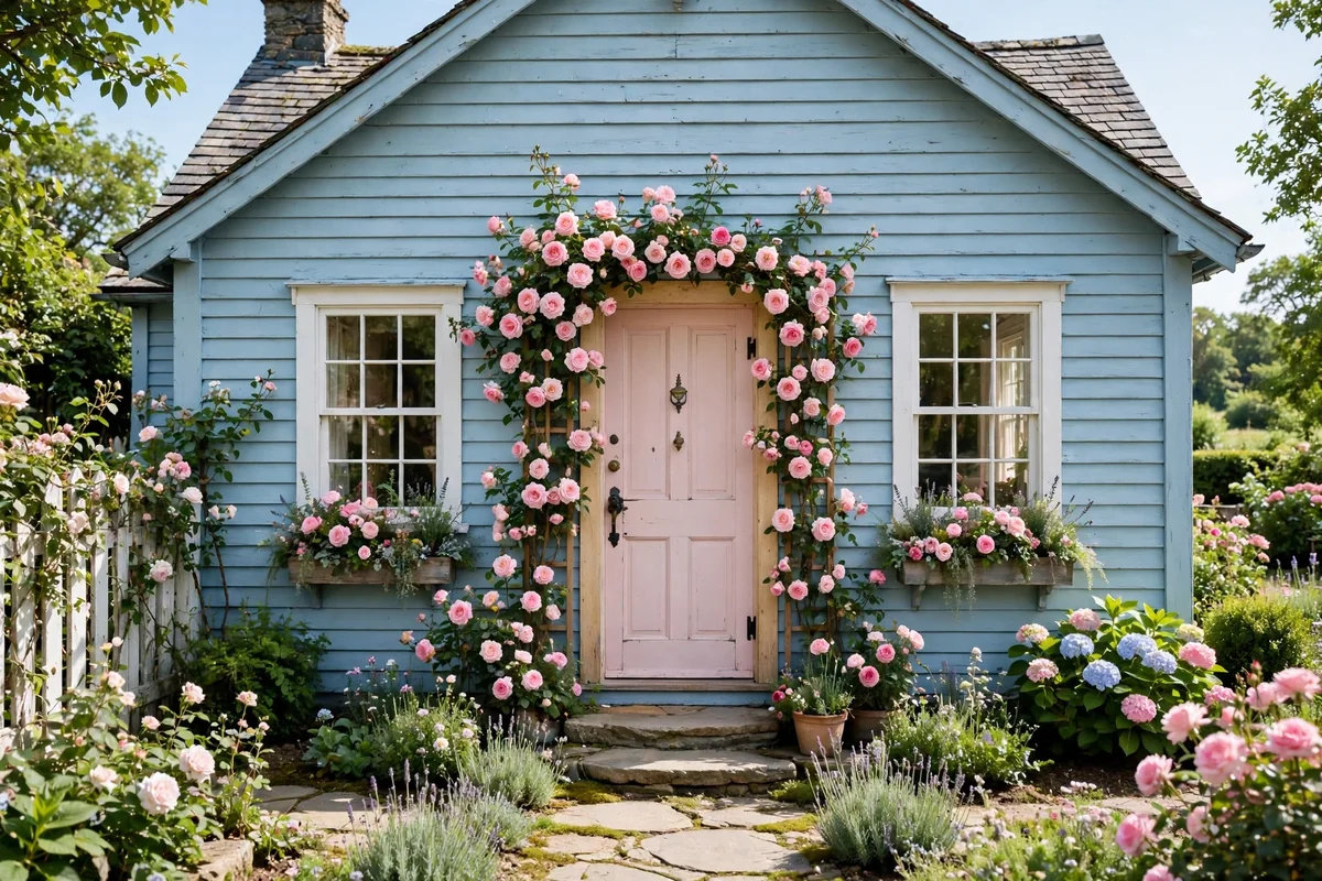Pastel blue cottage with a soft blush pink front door and charming country entrance with roses