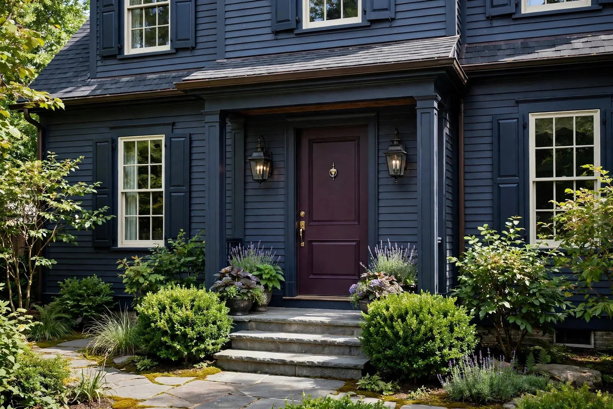 Dark blue house with a deep plum front door and moody elegant entrance with lanterns
