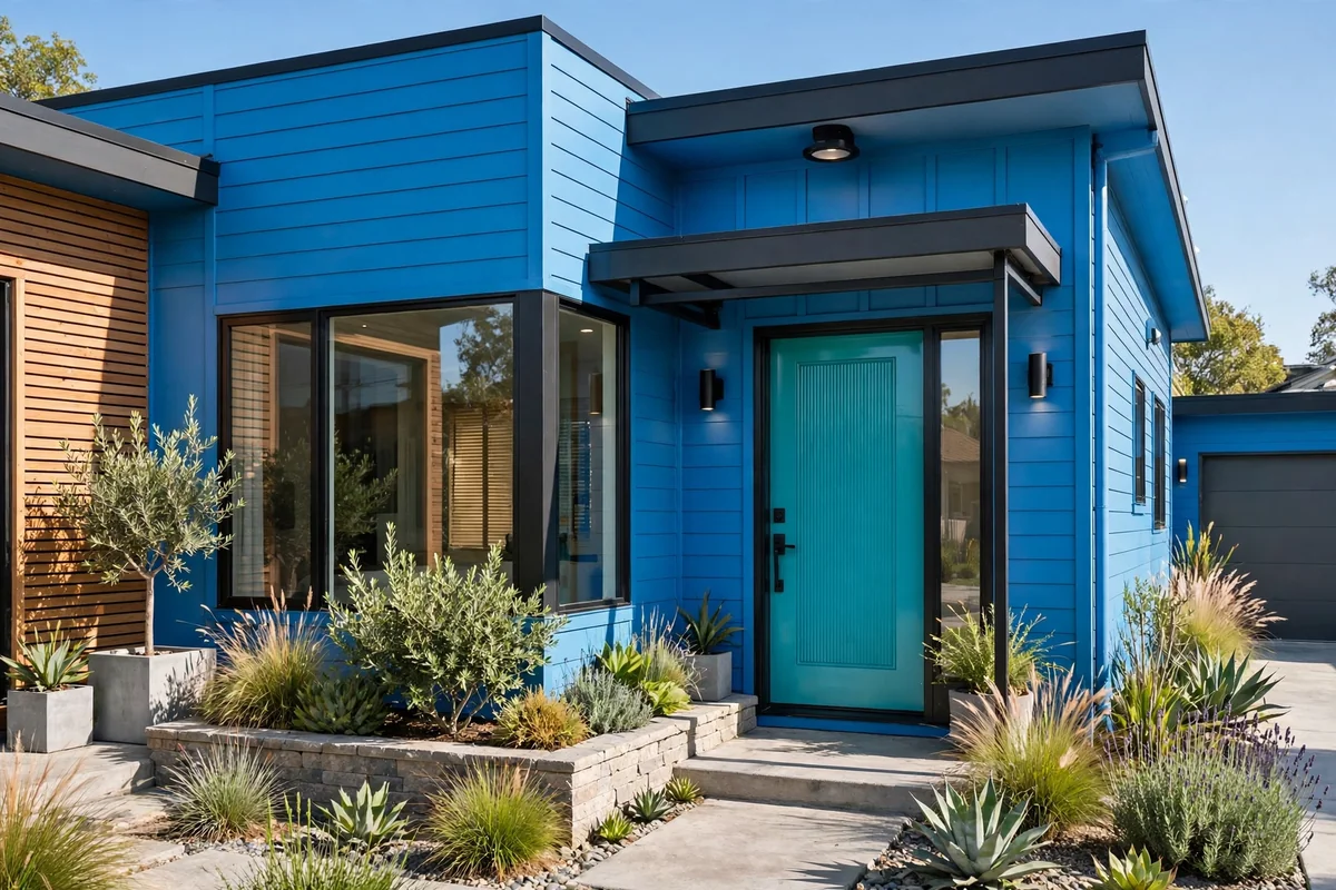 Bright blue house with a vivid bright teal front door and energetic modern entrance