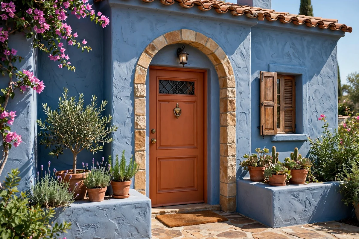 Blue stucco house with a warm terracotta front door and Mediterranean feel entrance