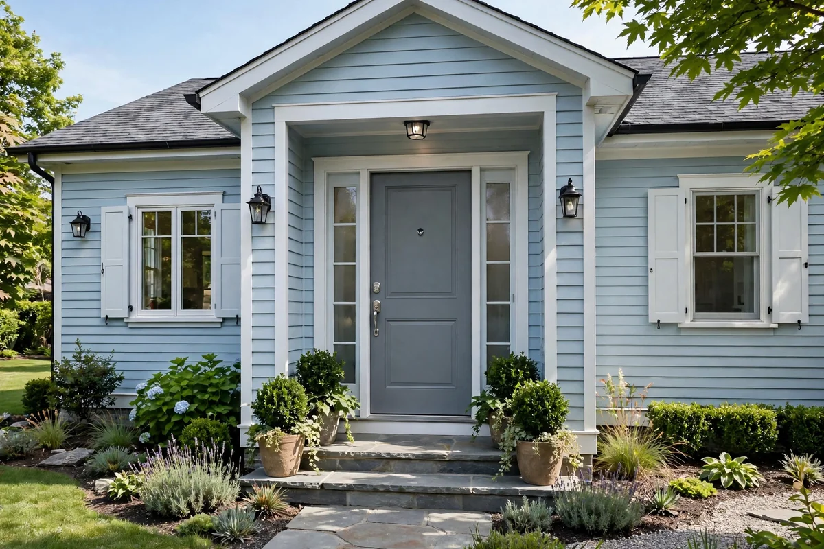 Light blue house with a calm slate grey front door and understated elegant entrance