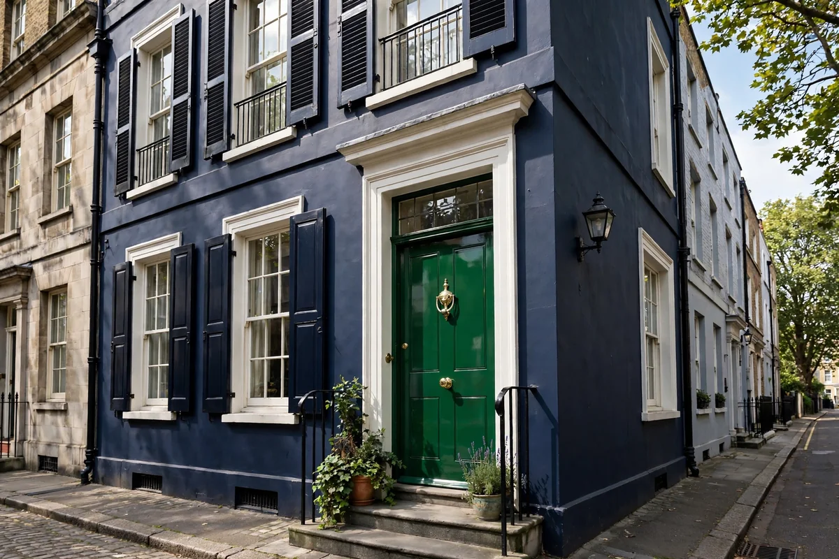 Navy blue townhouse with a glossy racing green front door, polished brass knocker and classic street