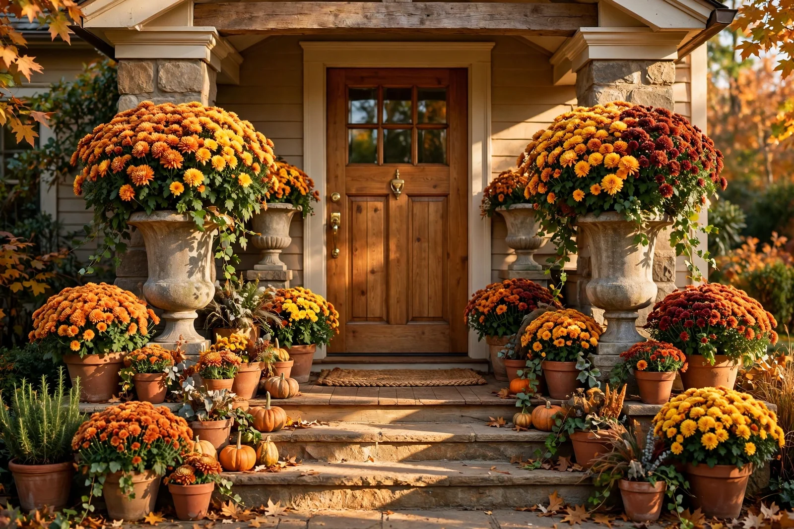 Front porch with terracotta flower pots, stone urns and autumn chrysanthemums framing a warmly lit wooden front door