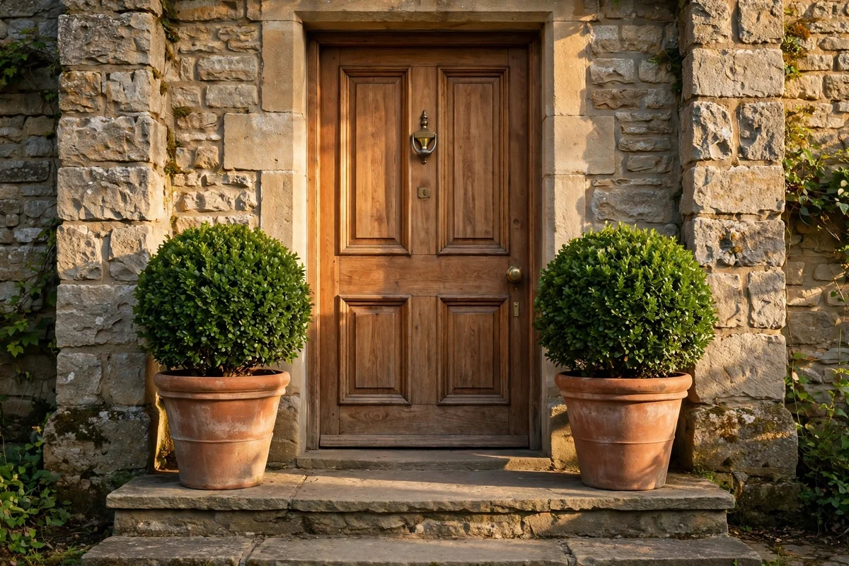 Two terracotta pots with clipped shrubs flanking a wooden front door