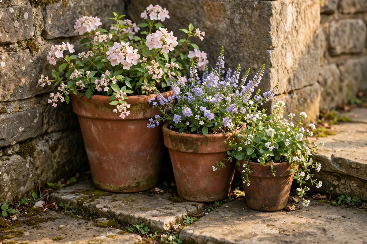 Three pots of different heights clustered in one doorstep corner