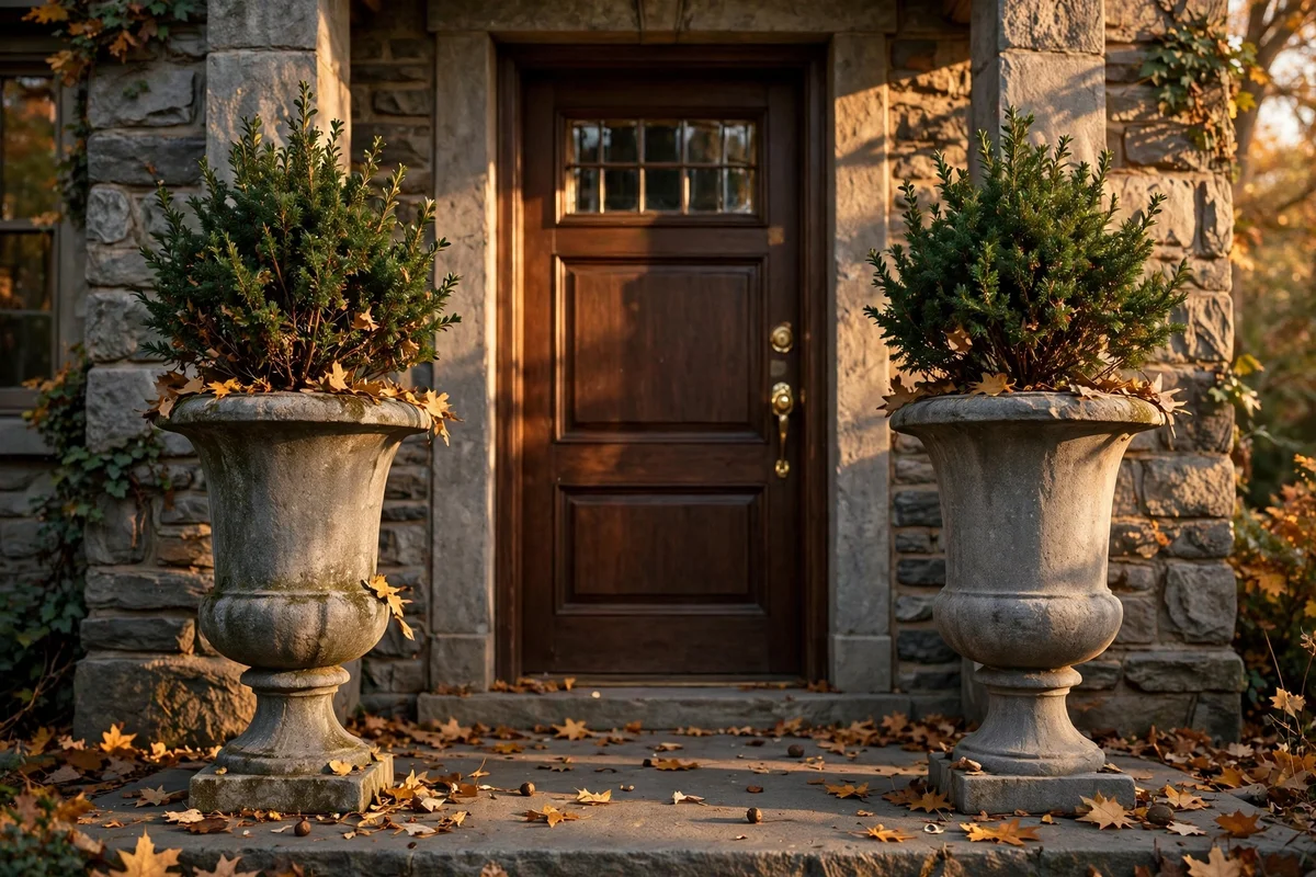 Tall stone urns with evergreens on each side of a front door