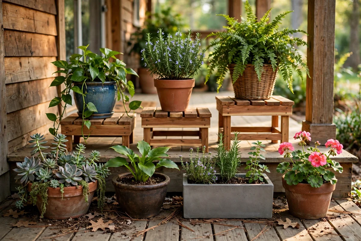 Mid-height pots raised on low wooden stands behind a front row of planters