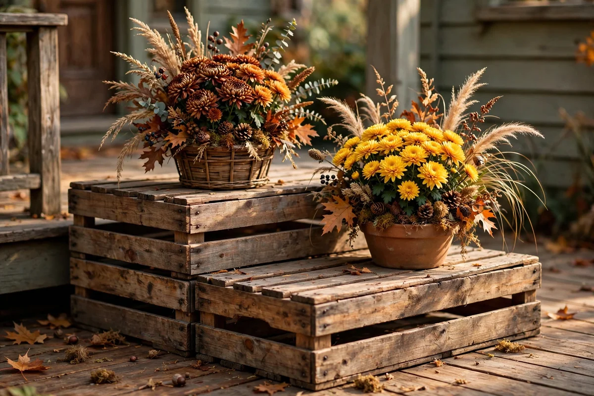 Wooden crates stacked as risers holding autumn planters on a porch