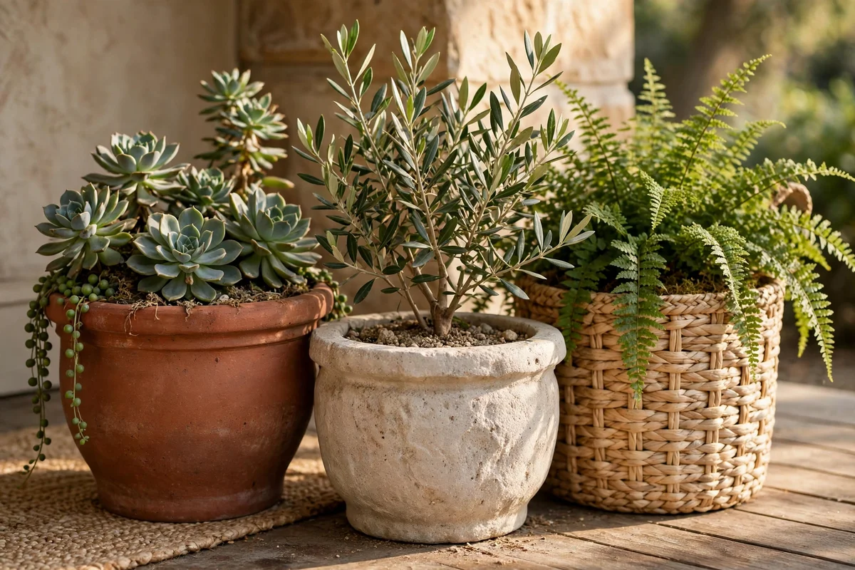 Mixed terracotta, stone and woven planters grouped in a trio