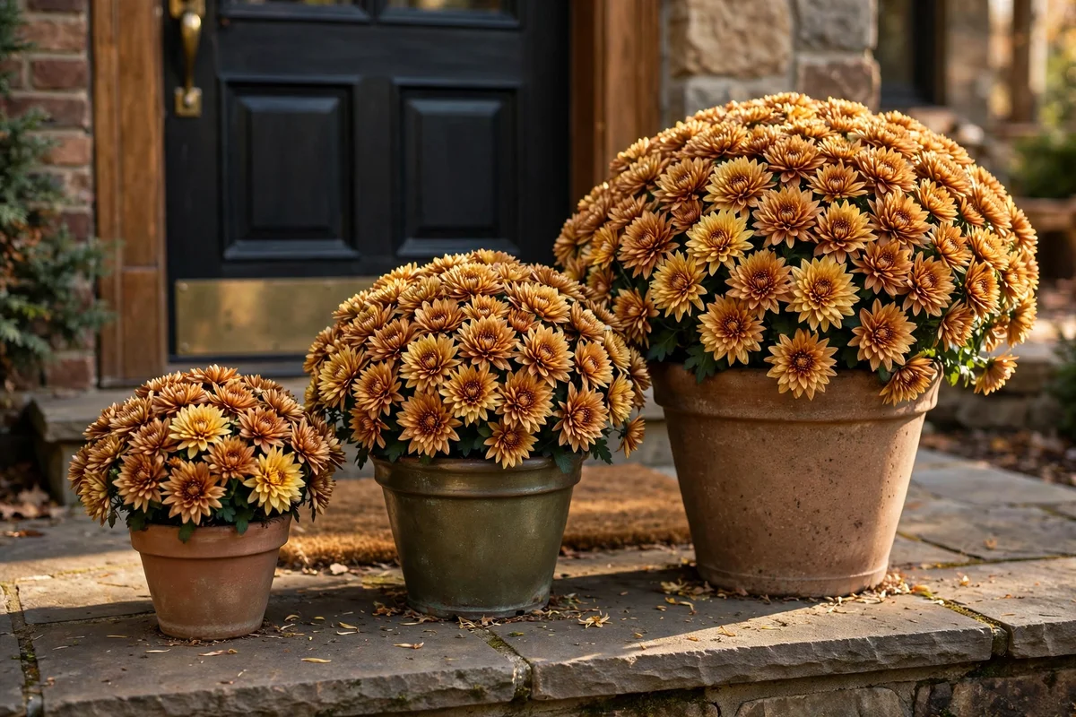 Three chrysanthemum pots in graduated sizes with autumn blooms