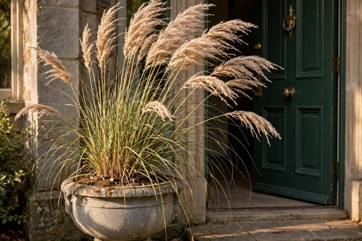 Tall ornamental grass in a stone urn catching the breeze by a door