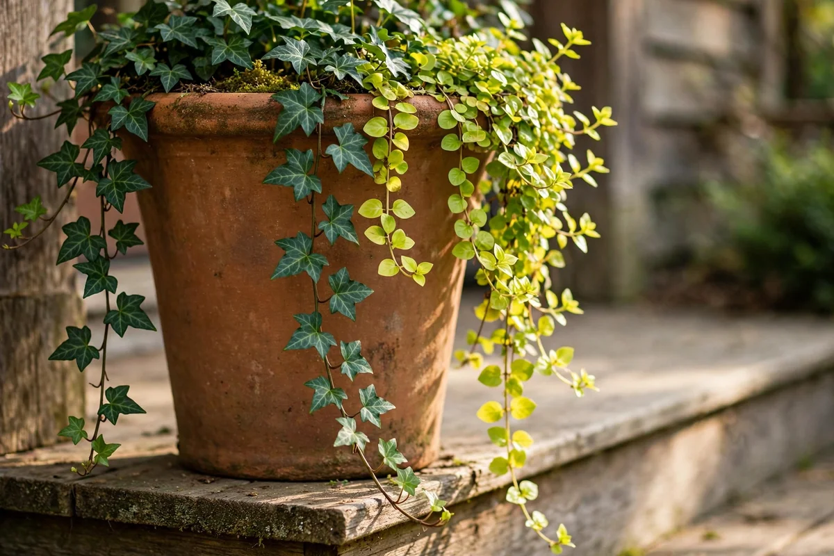 Trailing plants spilling over the rim of a tall porch planter