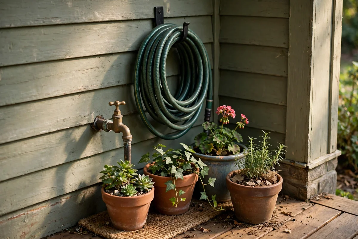 Porch pots arranged within easy reach of a coiled garden hose