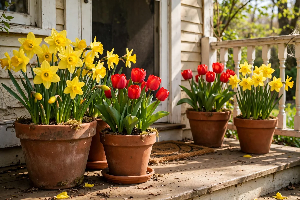 Spring bulbs in pots of daffodils and tulips on a sunny porch