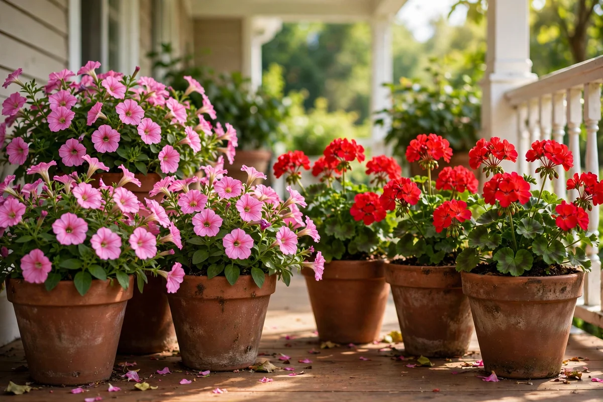 Summer annuals of petunias and geraniums in bright porch pots