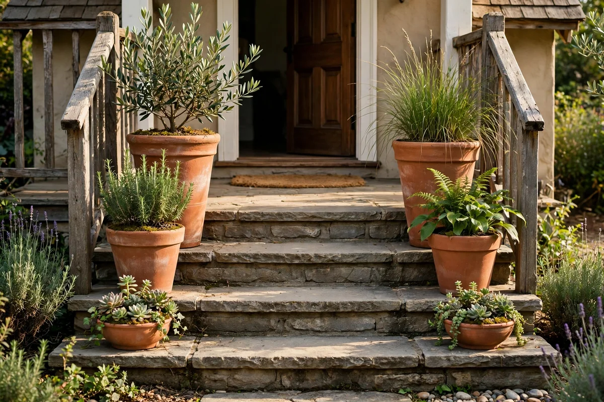Low, medium and tall pots stepping down each side of porch stairs