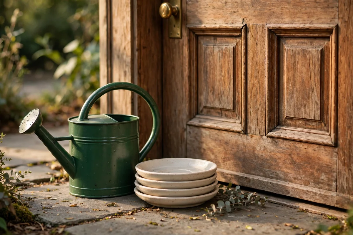 Small metal watering can and spare saucers stored beside a front door
