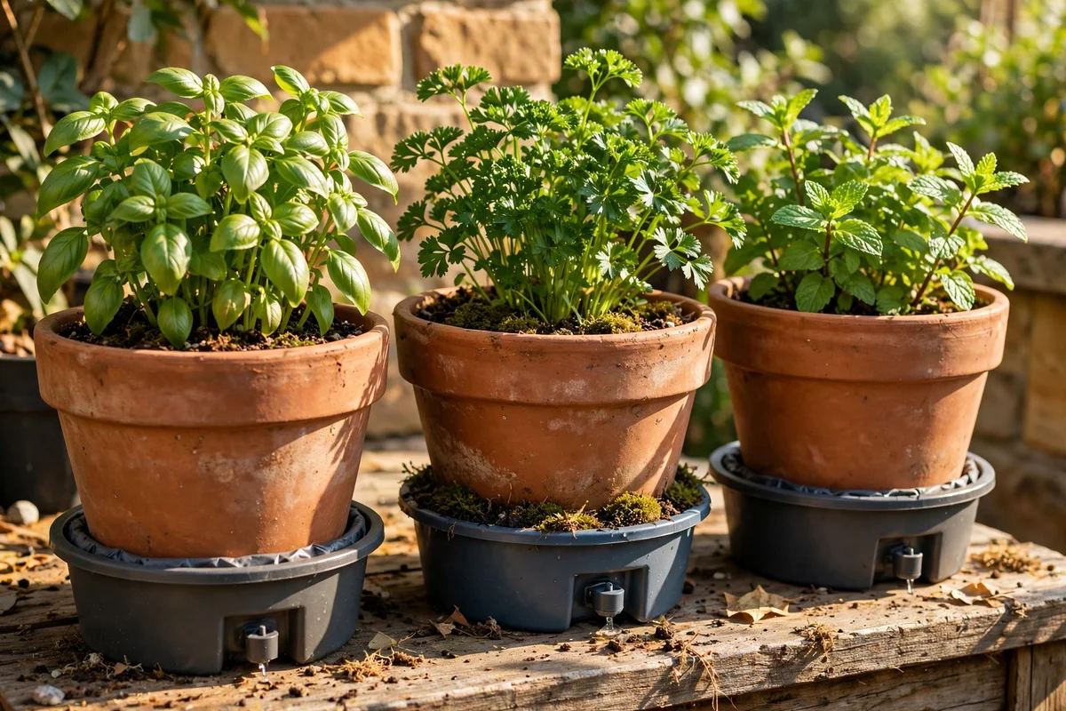 South-facing pots with self-watering reservoir liners in sunlight