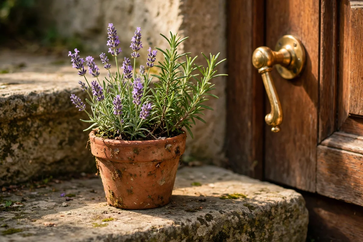 Scented herb pot of lavender and rosemary beside a door handle