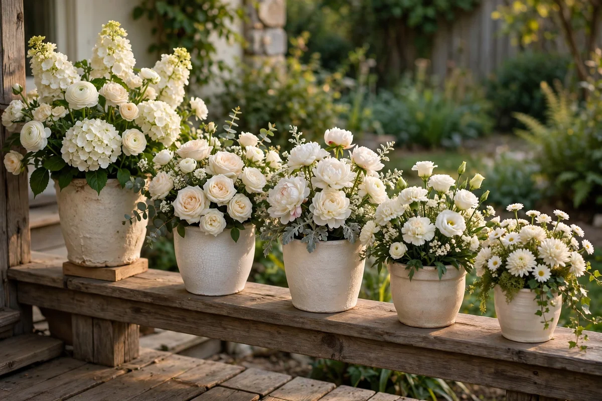 Five staggered pots of white blooms running along a porch rail