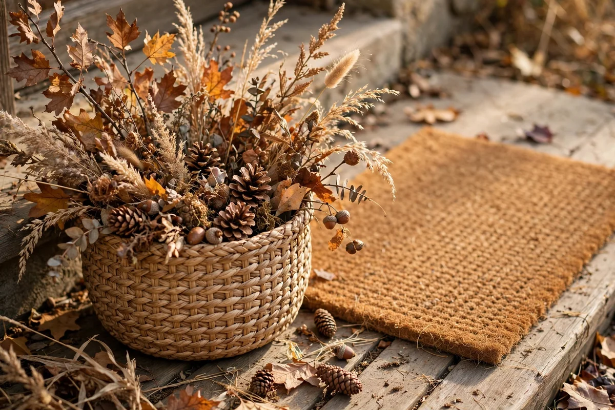 Woven basket of autumn branches and pinecones beside a welcome mat
