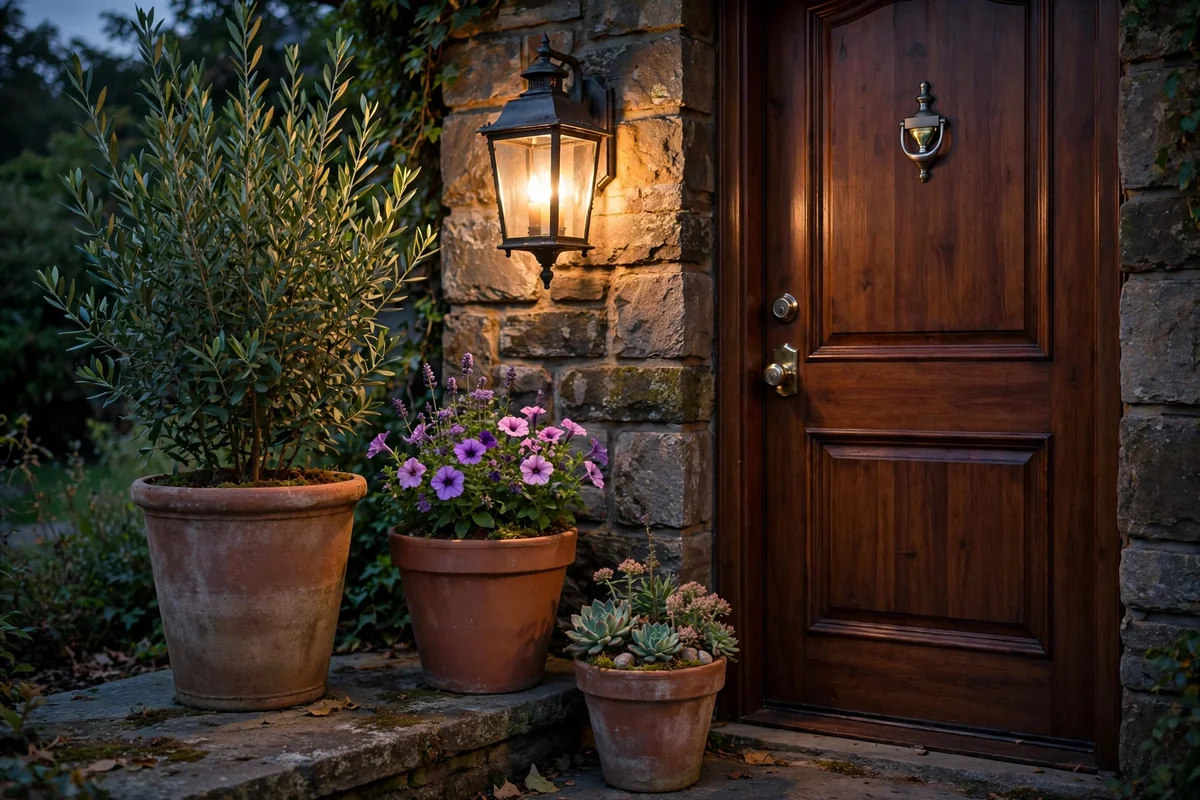 Three pots of graduated heights grouped around a glowing door lantern