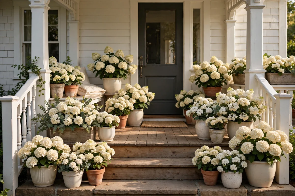 Porch pots united by a repeated cream bloom colour in every container