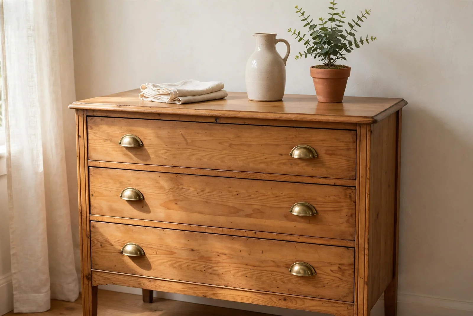 Restored vintage dresser styled as a sideboard with brass pulls and linen.