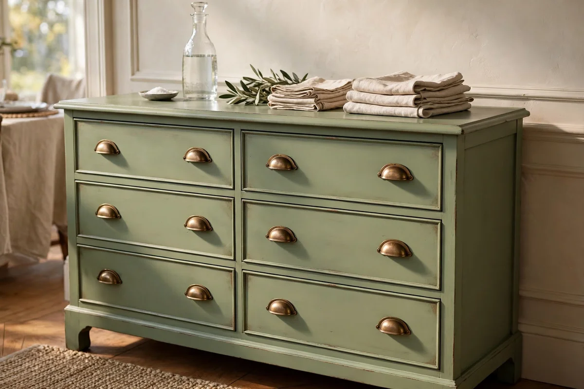 Six-drawer dresser painted sage with brass pulls, styled as a dining sideboard.