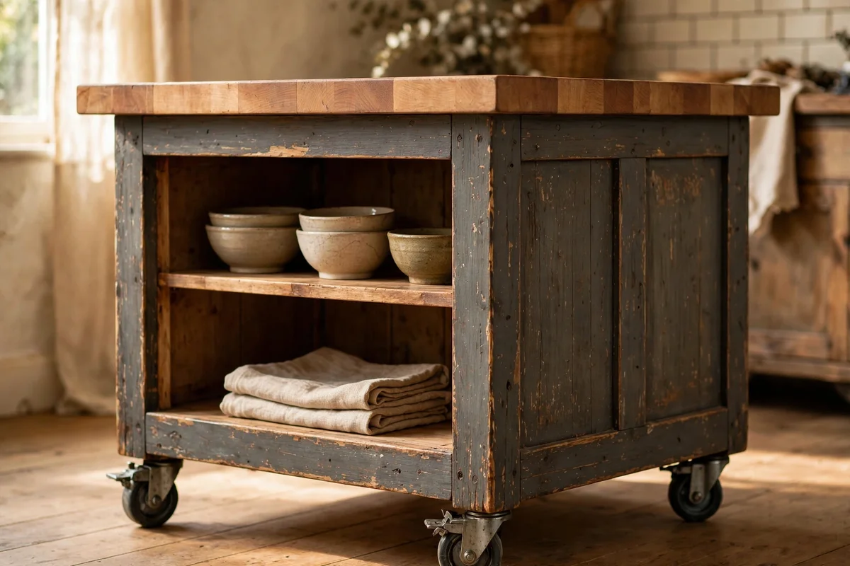 Dated cabinet on lockable casters converted into a kitchen island with butcher block top.