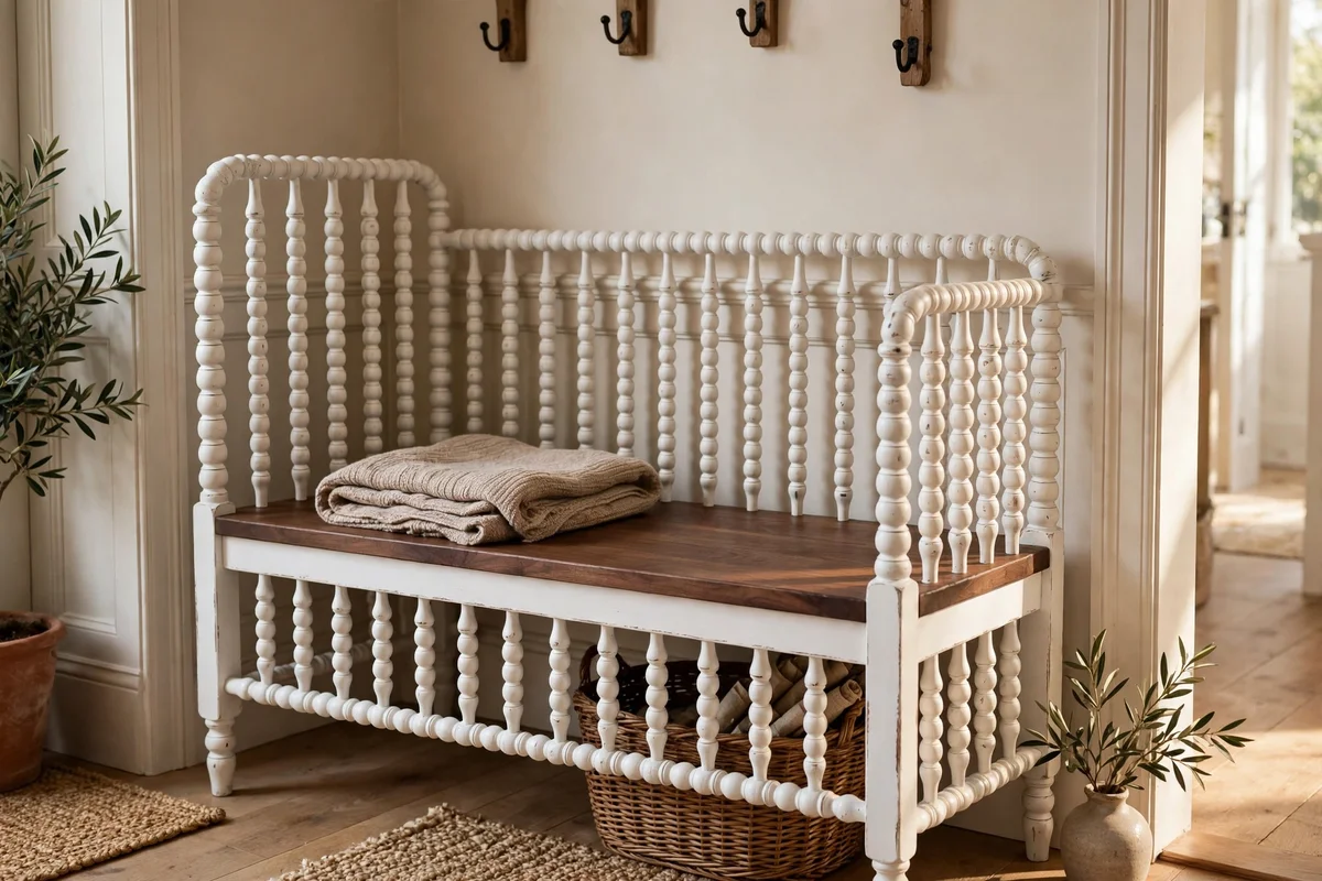 Entryway bench rebuilt from a spindle bed with white spindles and walnut seat.