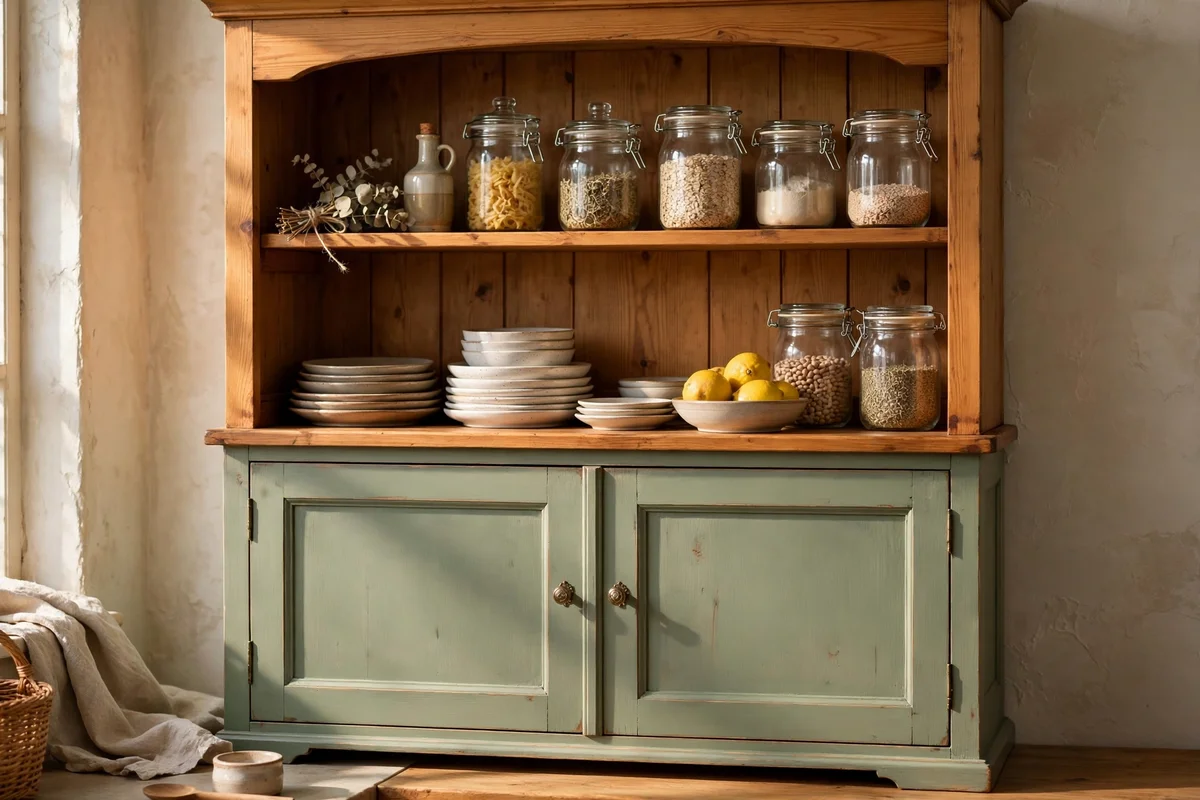 Pine hutch with sage painted body and honey oak stained top.