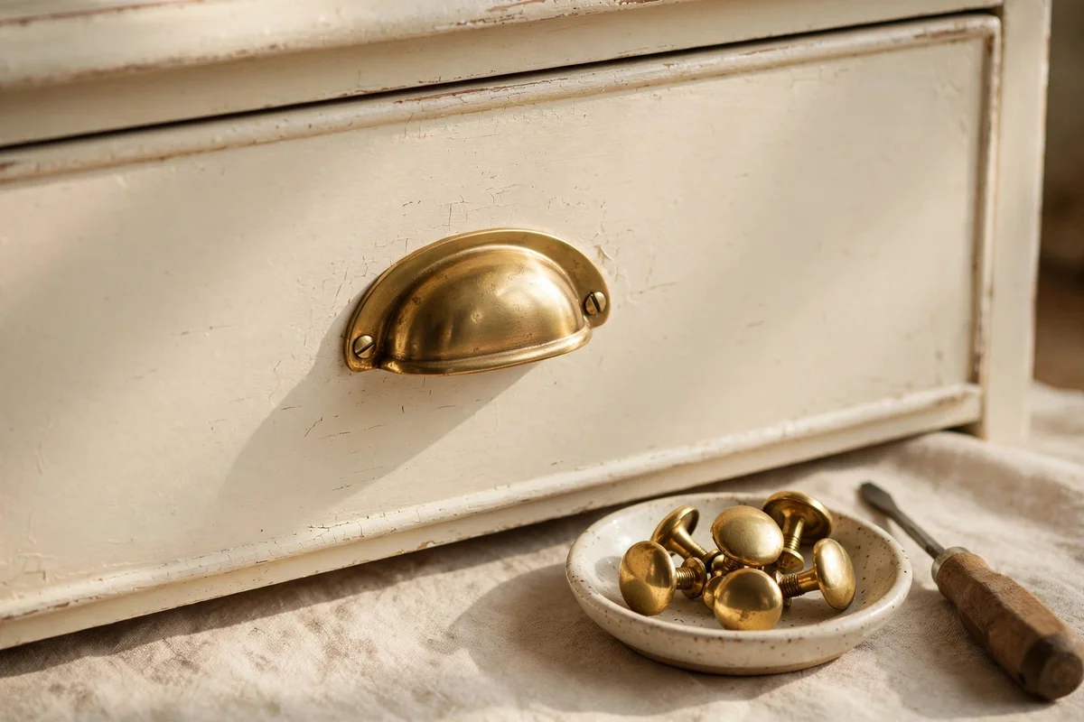 Cream dresser drawer fitted with a solid brass cup pull, spare knobs nearby.