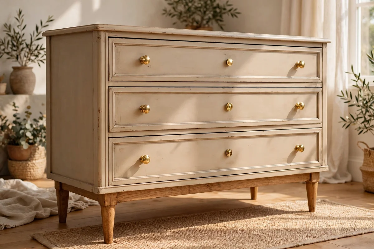 Low dresser raised on four tapered oak legs, painted warm greige.