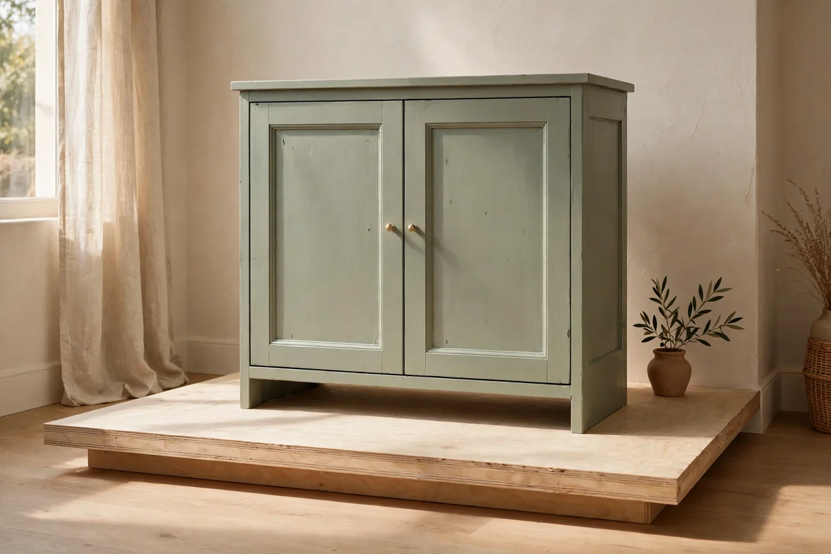 Painted cabinet sitting on a recessed plywood plinth base.