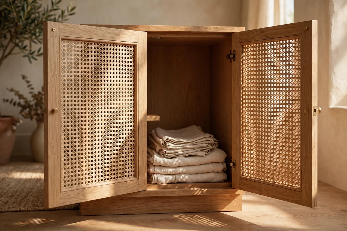 Cabinet doors fitted with woven cane webbing panels, light filtering through.