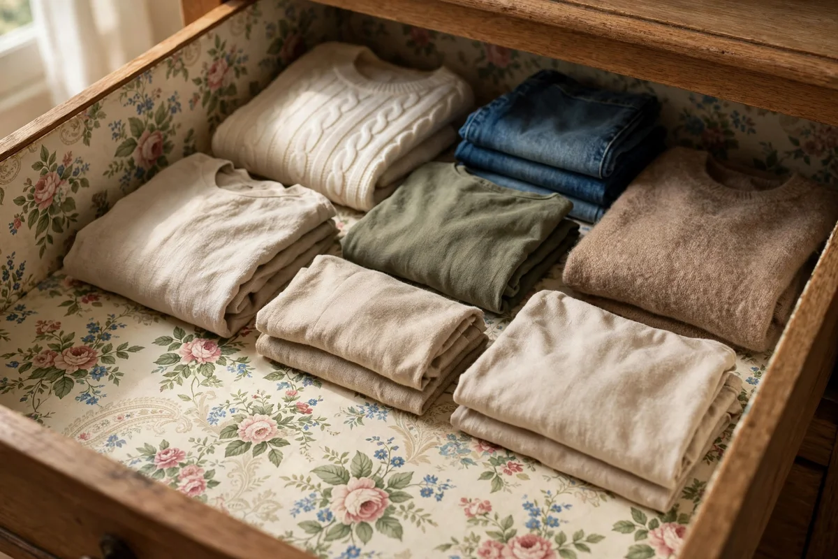 Open dresser drawer lined with floral heirloom wallpaper, clothes folded inside.