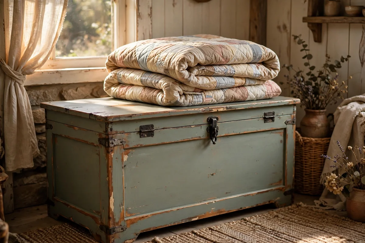 Painted pine chest with gently distressed edges showing warm wood beneath.