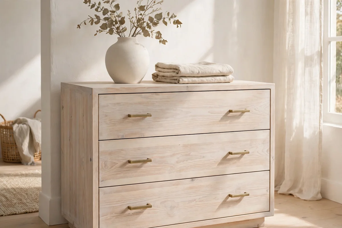 Oak dresser bleached and restained in pale timber, styled with a ceramic vase.