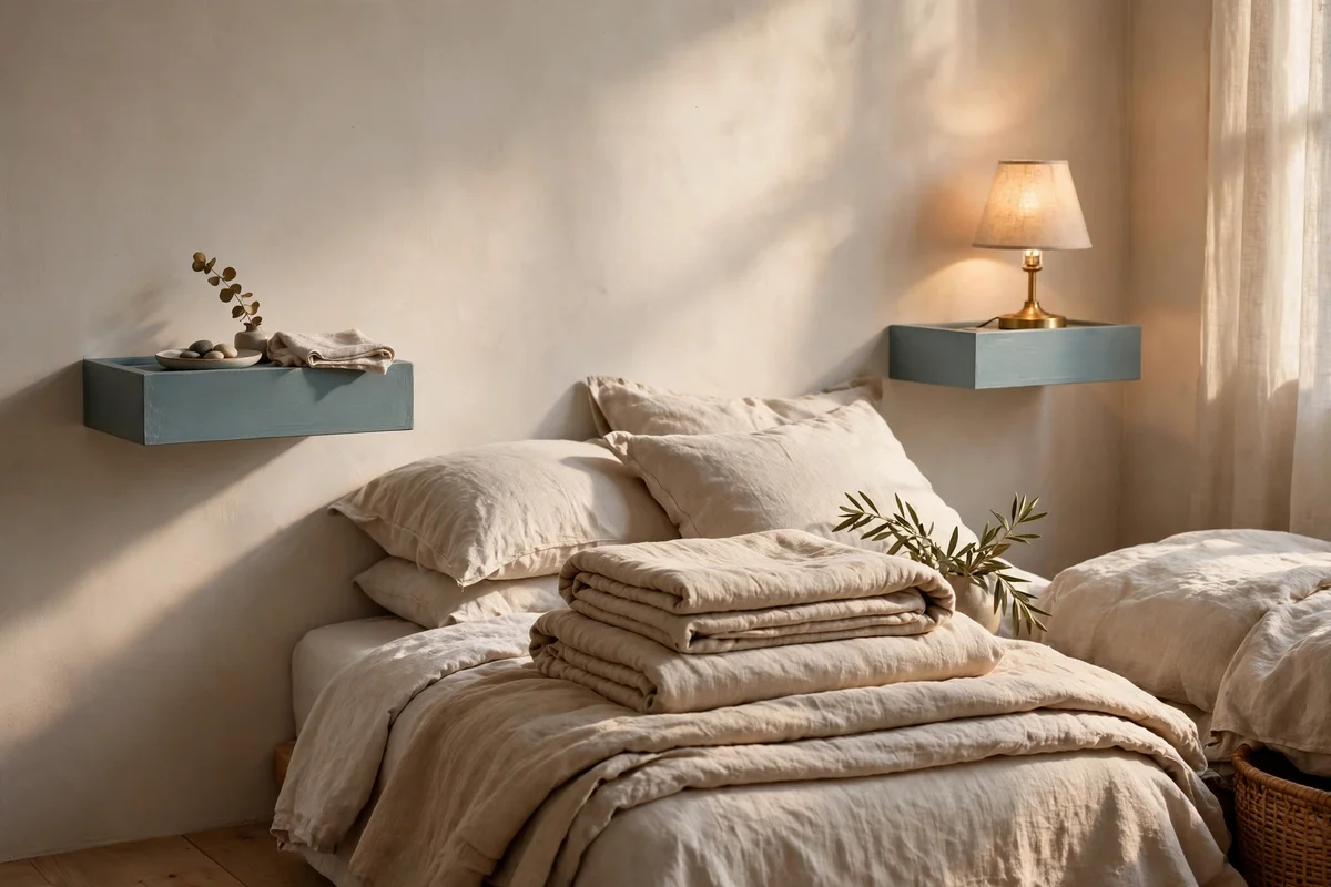 Two nightstands mounted as floating bedside shelves beside a bed.